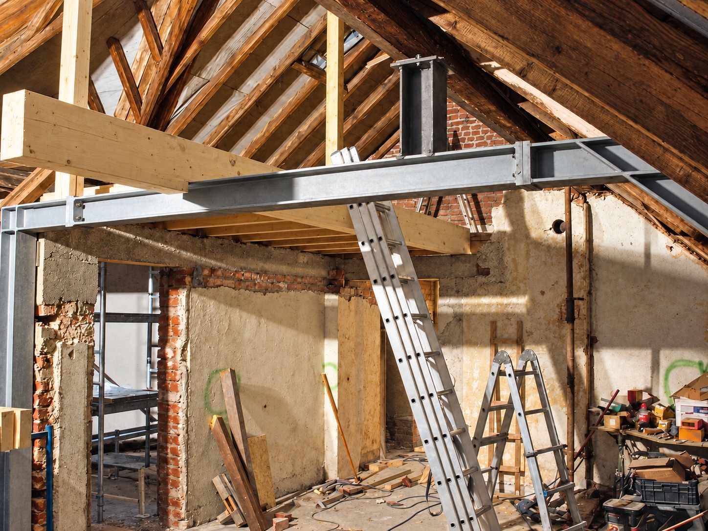 Historisches Dachgeschoss im Rohbau mit neuem Stahlträger, Holzbalken und Leitern