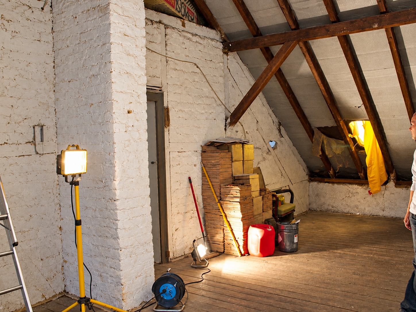 Historisches Dachgeschoss während des Umbaus mit Materialstapeln und Baustrahlern